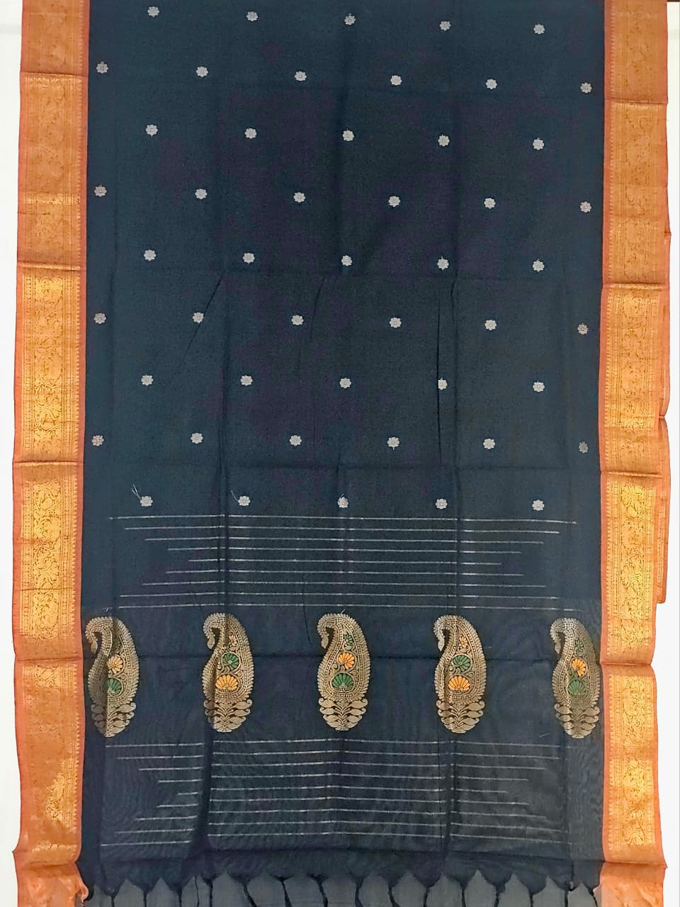 Black Handloom Venkatagiri Cotton Saree with Orange Zari Border - Kleemkaara