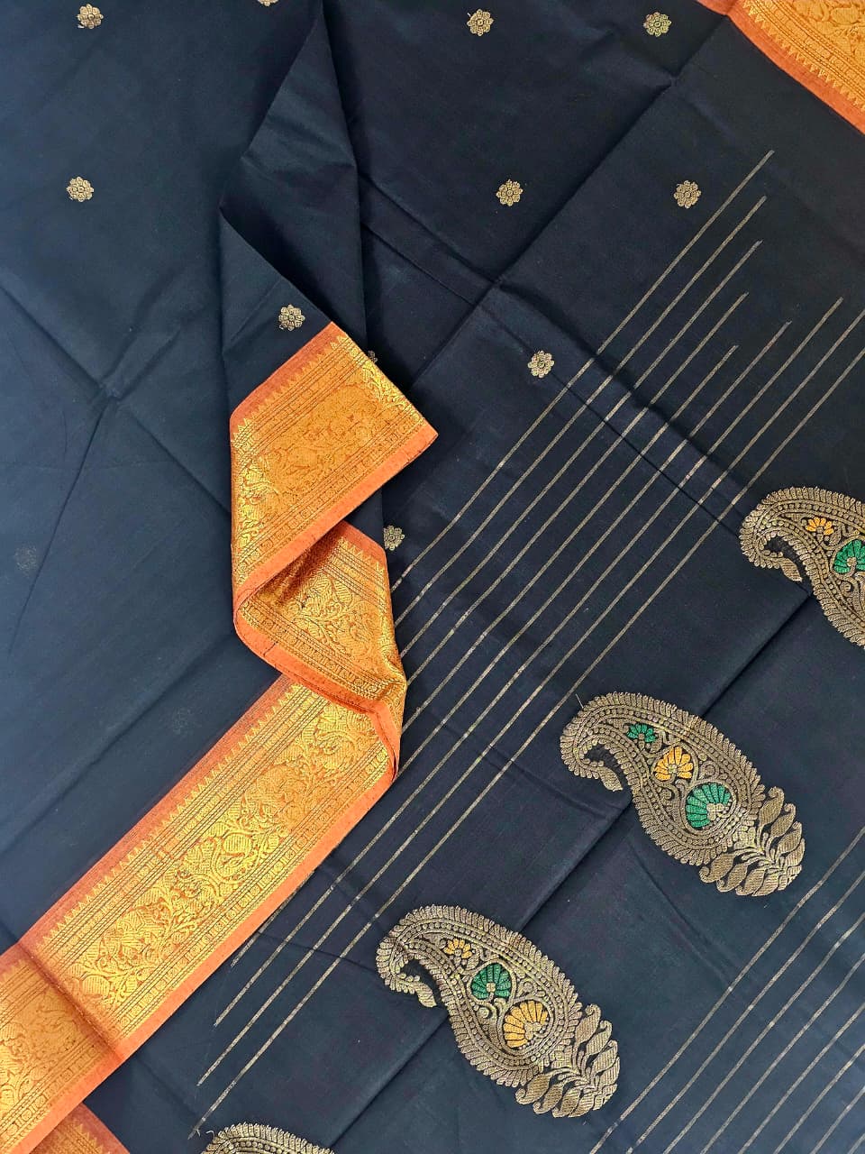 Black Handloom Venkatagiri Cotton Saree with Orange Zari Border - Kleemkaara