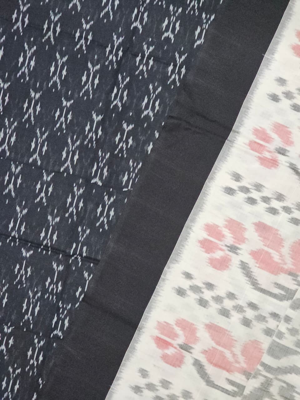 Black Pochampally Handloom Ikat Mercerised Cotton Dress Material with White Dupatta - Kleemkaara