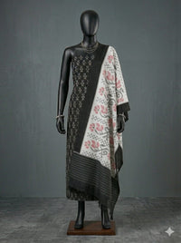 Black Pochampally Handloom Ikat Mercerised Cotton Dress Material with White Dupatta - Kleemkaara