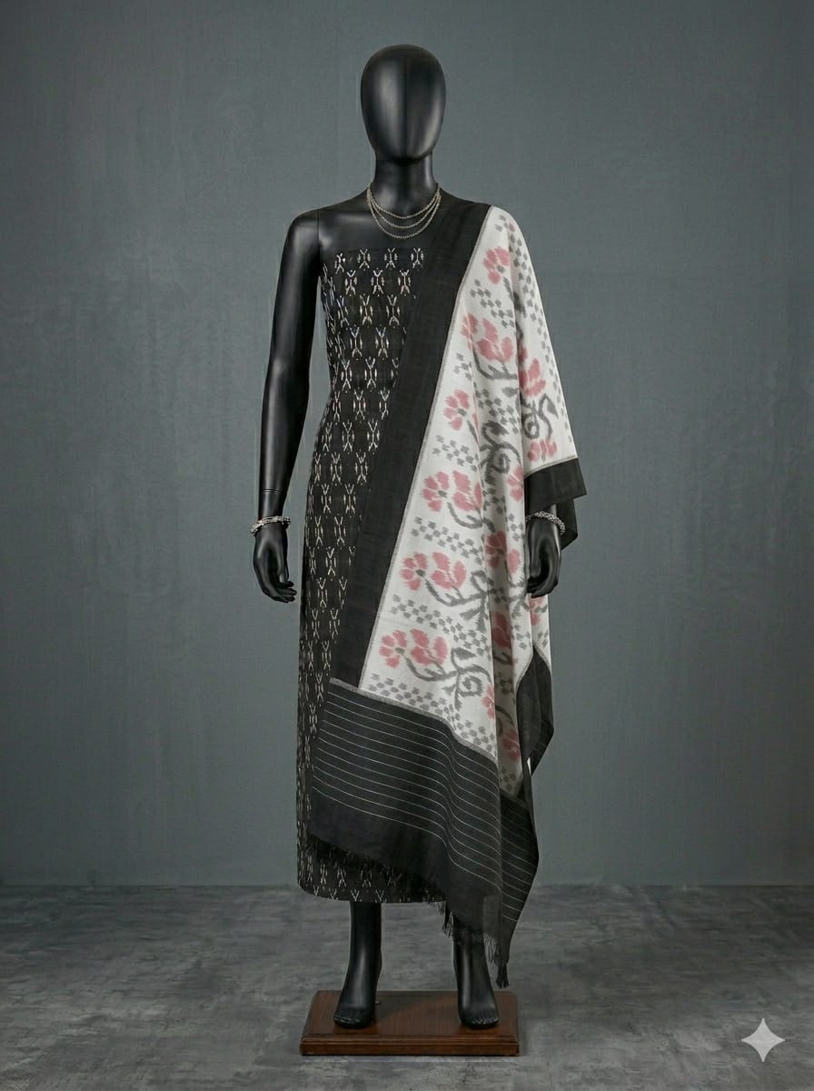 Black Pochampally Handloom Ikat Mercerised Cotton Dress Material with White Dupatta - Kleemkaara