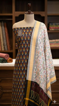 Black Pochampally Handloom Ikat Silk Cotton (Sico) Dress Material with White Dupatta - Kleemkaara