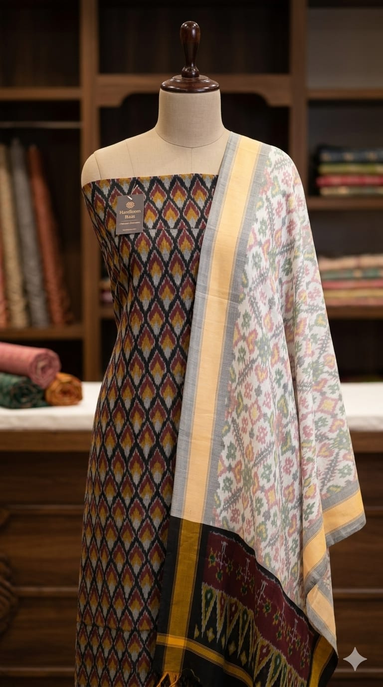 Black Pochampally Handloom Ikat Silk Cotton (Sico) Dress Material with White Dupatta - Kleemkaara