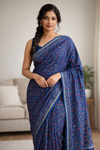 Blue Ajrakh Handblock Printed Chanderi Silk Saree - Kleemkaara