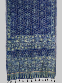 Blue Ajrakh Handblock Printed Chanderi Silk Saree - Kleemkaara