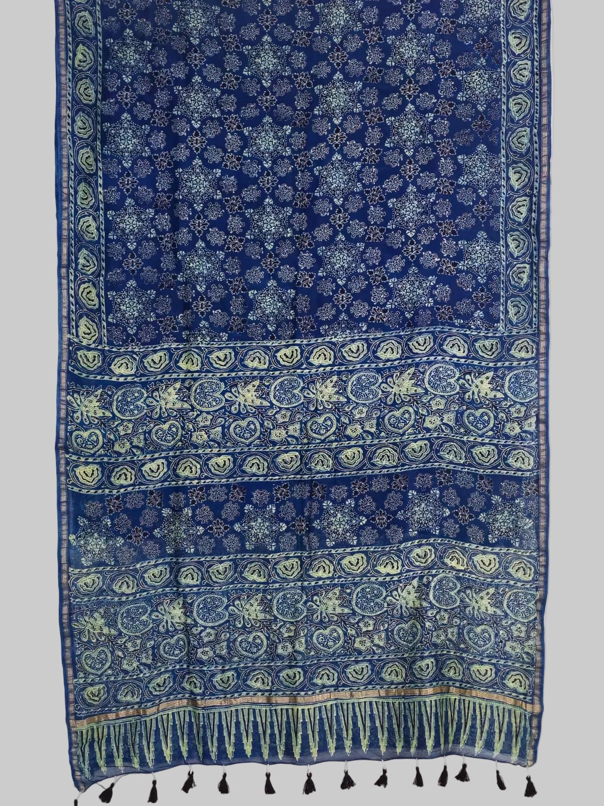Blue Ajrakh Handblock Printed Chanderi Silk Saree - Kleemkaara