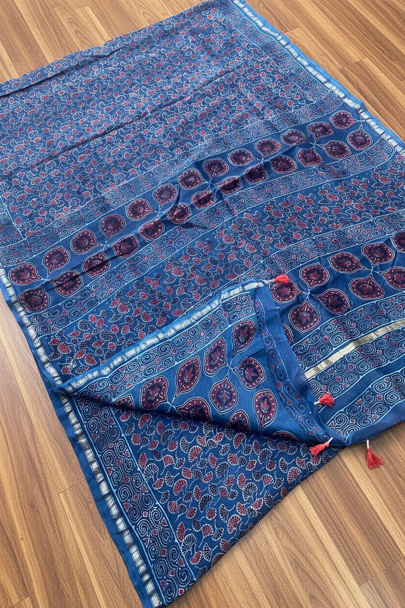 Blue Ajrakh Handblock Printed Chanderi Silk Saree - Kleemkaara