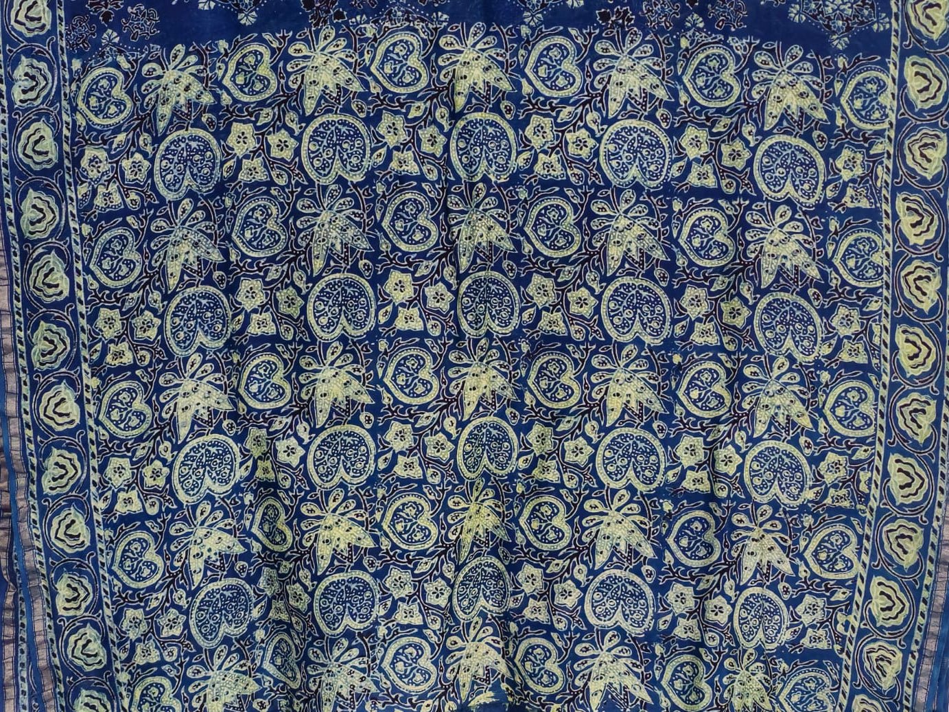 Blue Ajrakh Handblock Printed Chanderi Silk Saree - Kleemkaara