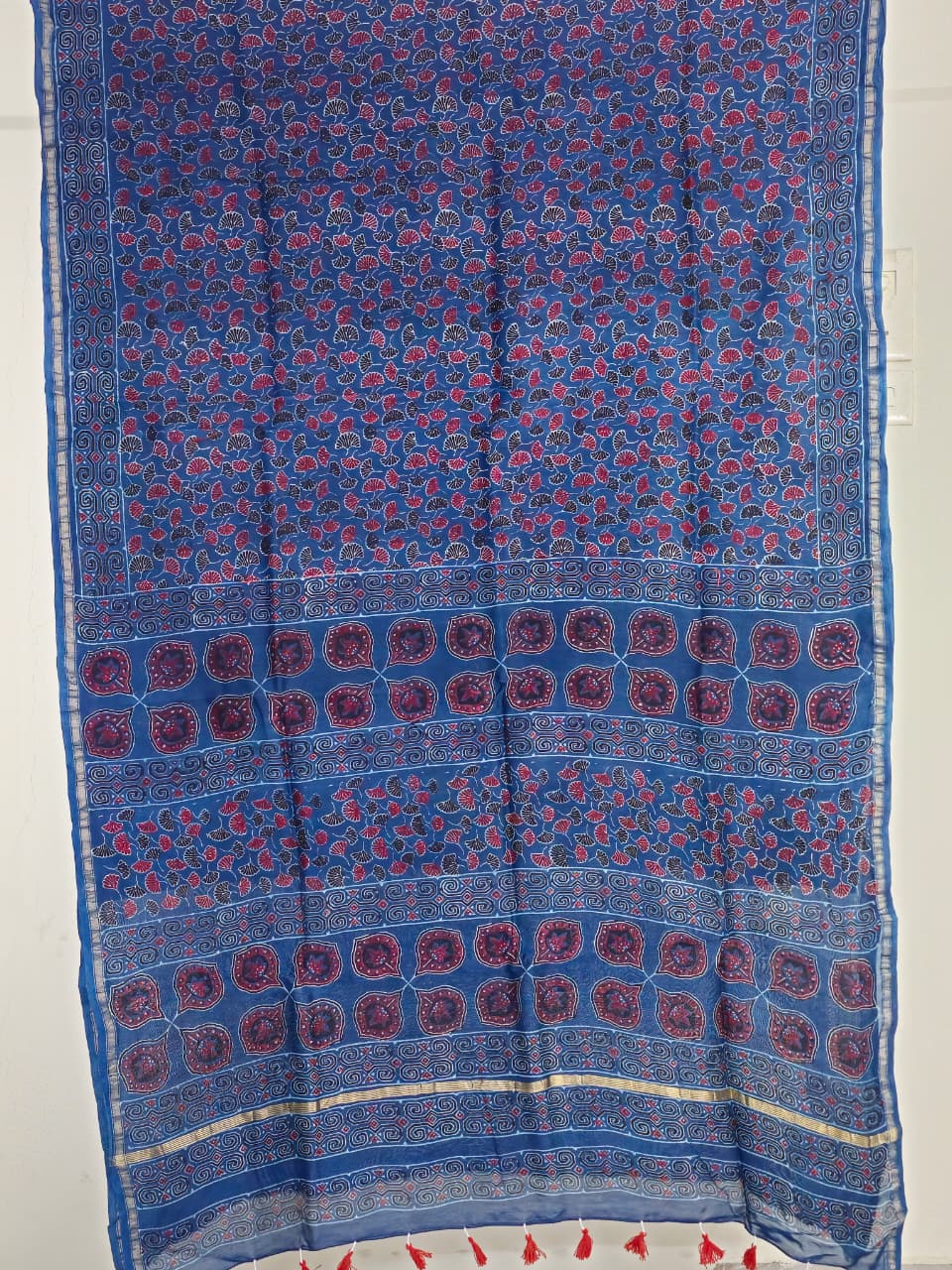 Blue Ajrakh Handblock Printed Chanderi Silk Saree - Kleemkaara