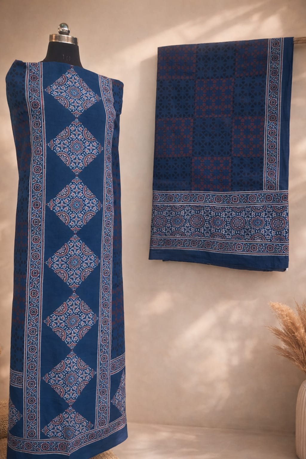 Blue Ajrakh Handblock Printed Pure Cotton 2-Piece Dress Material - Kleemkaara