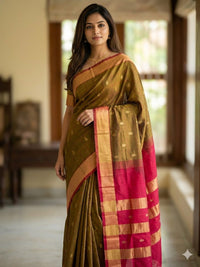 Brown Handloom Venkatagiri Silk Cotton Saree - Kleemkaara