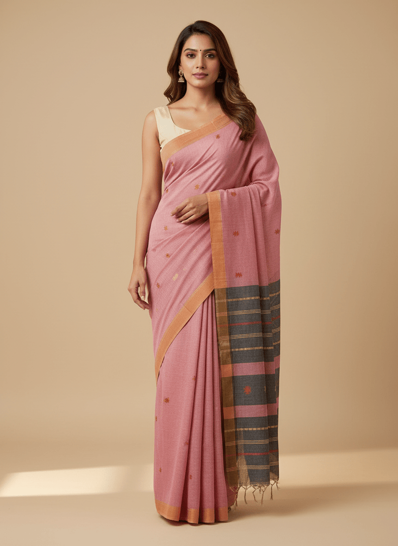 Charvi – Pink Handloom Khadi Saree with Bhujodi Motifs - Kleemkaara