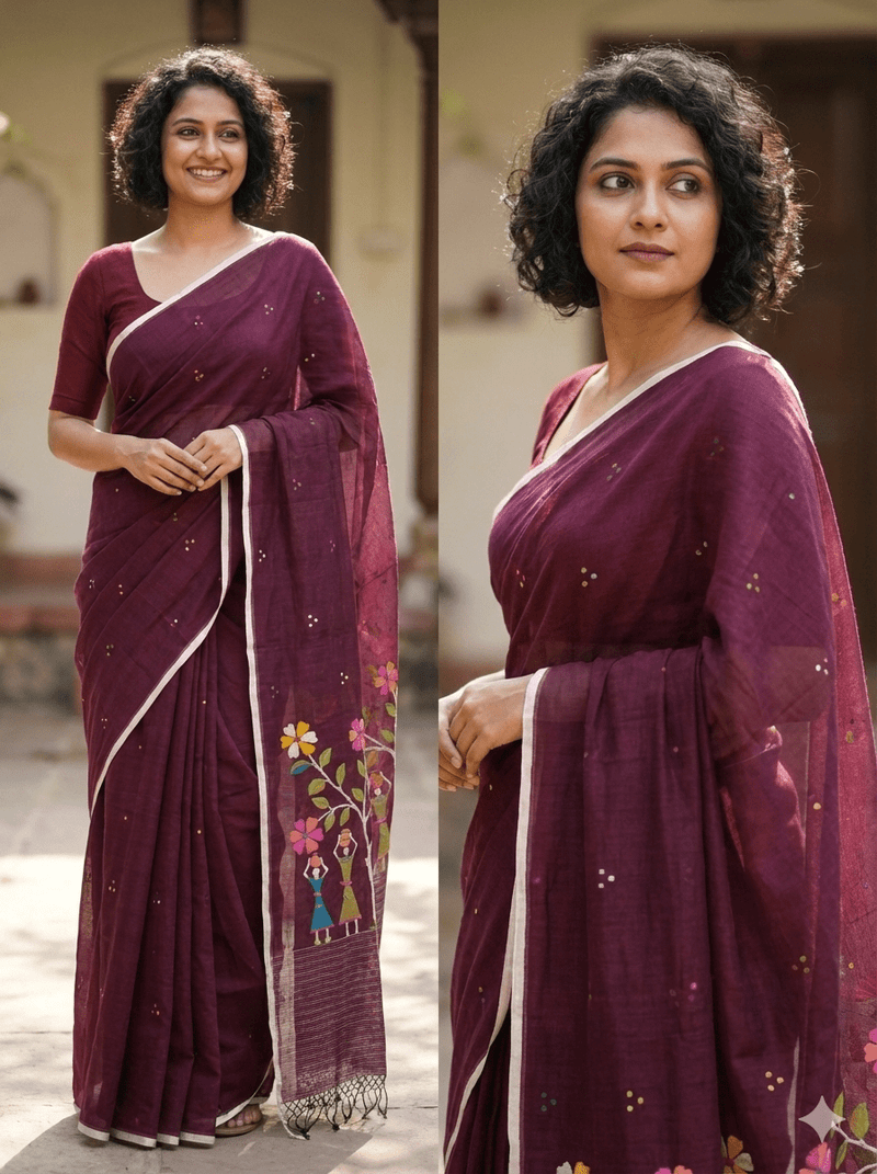 Chitrani – Maroon Jamdani Handloom Bengal Cotton Saree - Kleemkaara