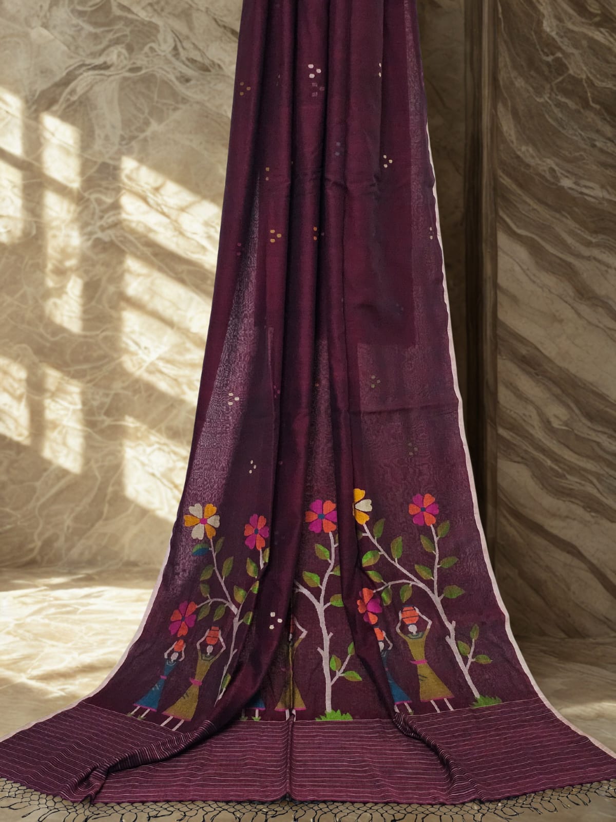 Chitrani – Maroon Jamdani Handloom Bengal Cotton Saree - Kleemkaara