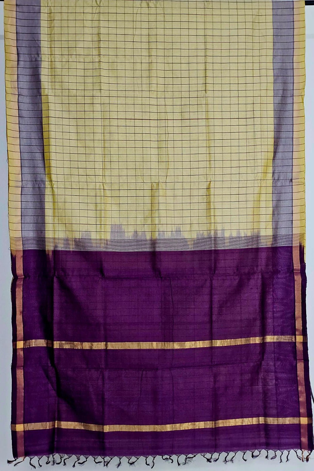 Cream Checkered Handloom Venkatagiri Silk Cotton Saree - Kleemkaara