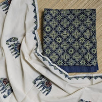 Deep Blue Ajrakh Hand Block Print Cotton Suit Material with Barmer Applique Mul Dupatta | 3-Piece Unstitched Set - Kleemkaara