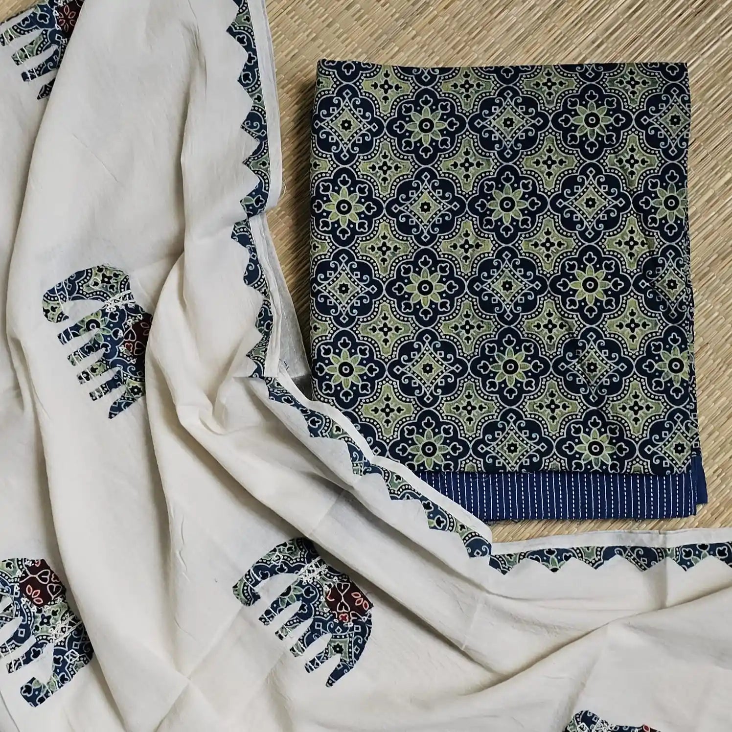 Deep Blue Ajrakh Hand Block Print Cotton Suit Material with Barmer Applique Mul Dupatta | 3-Piece Unstitched Set - Kleemkaara