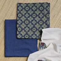 Deep Blue Ajrakh Hand Block Print Cotton Suit Material with Barmer Applique Mul Dupatta | 3-Piece Unstitched Set - Kleemkaara