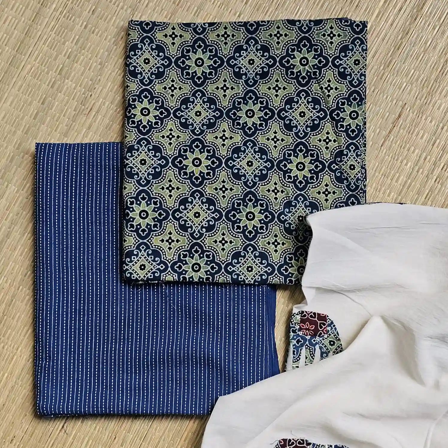 Deep Blue Ajrakh Hand Block Print Cotton Suit Material with Barmer Applique Mul Dupatta | 3-Piece Unstitched Set - Kleemkaara