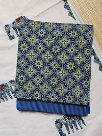 Deep Blue Ajrakh Hand Block Print Cotton Suit Material with Barmer Applique Mul Dupatta | 3-Piece Unstitched Set - Kleemkaara