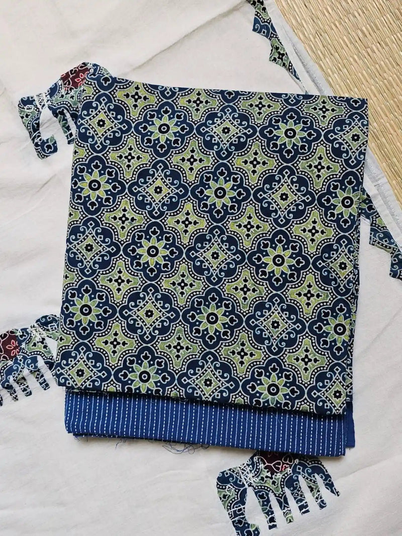 Deep Blue Ajrakh Hand Block Print Cotton Suit Material with Barmer Applique Mul Dupatta | 3-Piece Unstitched Set - Kleemkaara