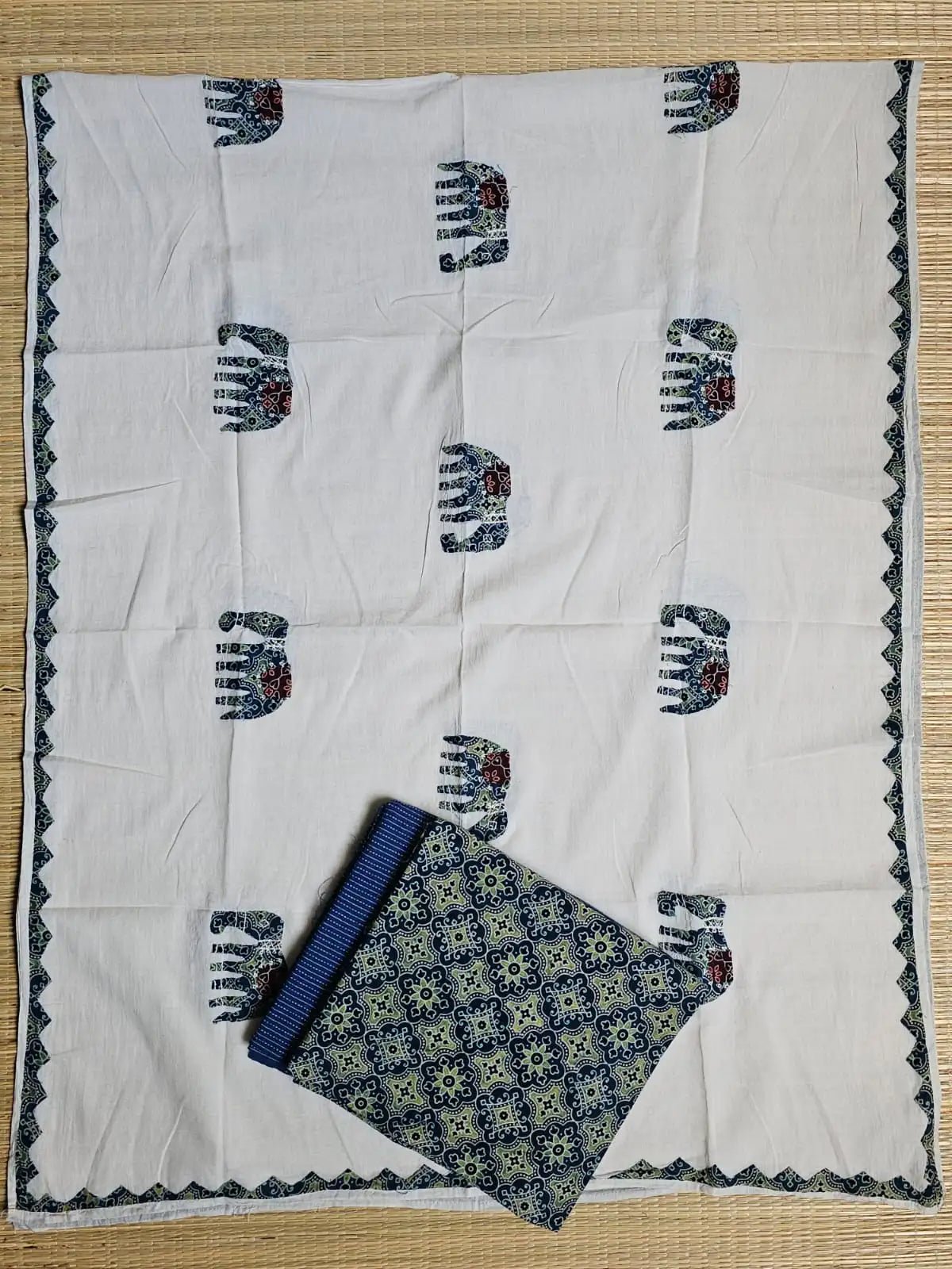 Deep Blue Ajrakh Hand Block Print Cotton Suit Material with Barmer Applique Mul Dupatta | 3-Piece Unstitched Set - Kleemkaara