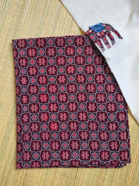 Deep Maroon Ajrakh Hand Block Print Cotton Suit Material with Barmer Applique Mul Dupatta | 3-Piece Unstitched Set - Kleemkaara