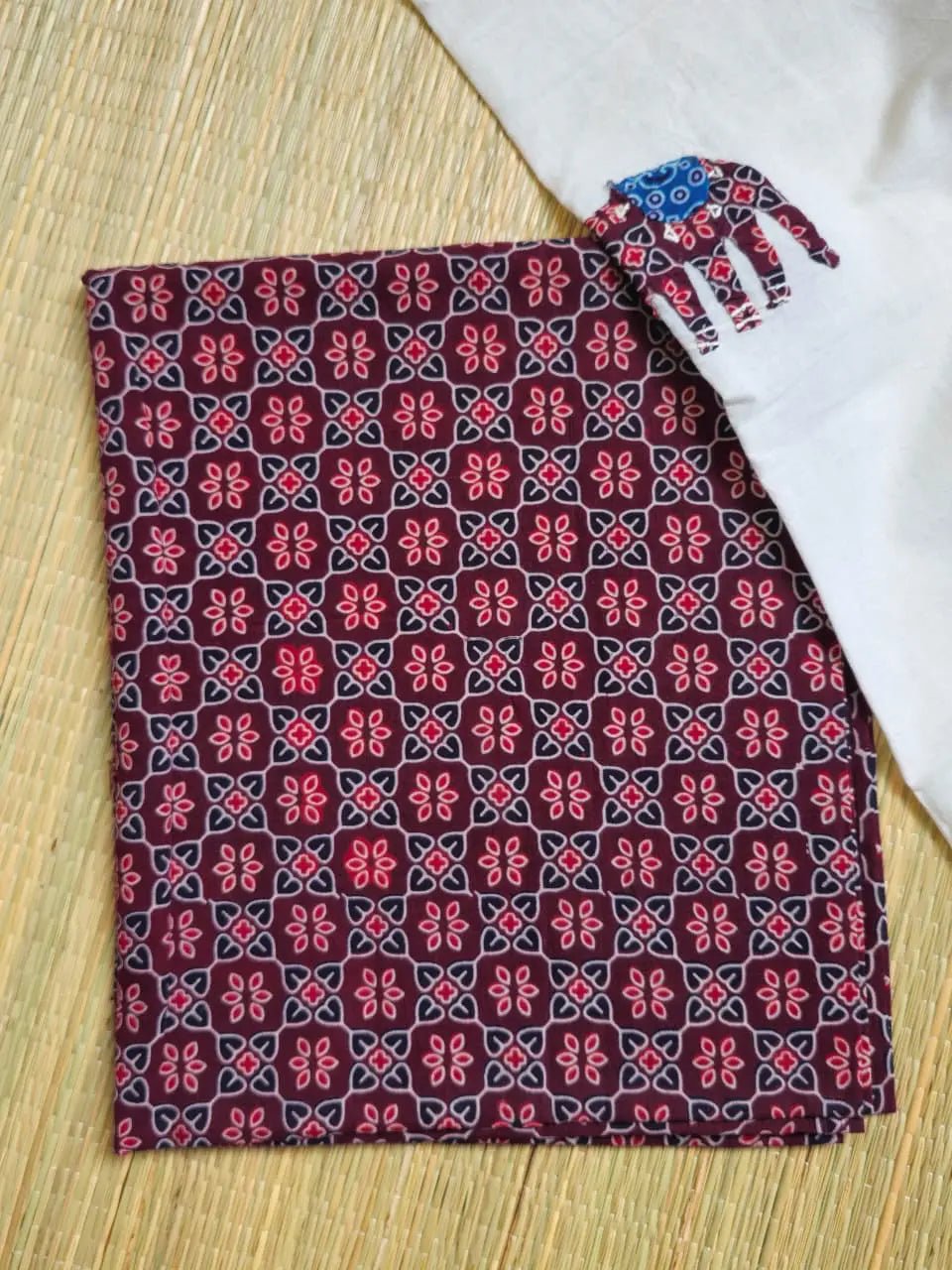 Deep Maroon Ajrakh Hand Block Print Cotton Suit Material with Barmer Applique Mul Dupatta | 3-Piece Unstitched Set - Kleemkaara