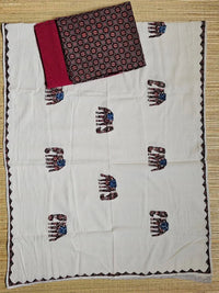 Deep Maroon Ajrakh Hand Block Print Cotton Suit Material with Barmer Applique Mul Dupatta | 3-Piece Unstitched Set - Kleemkaara