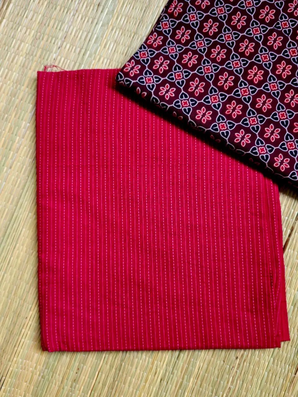 Deep Maroon Ajrakh Hand Block Print Cotton Suit Material with Barmer Applique Mul Dupatta | 3-Piece Unstitched Set - Kleemkaara
