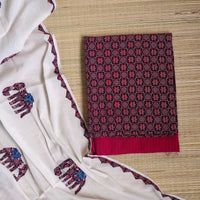 Deep Maroon Ajrakh Hand Block Print Cotton Suit Material with Barmer Applique Mul Dupatta | 3-Piece Unstitched Set - Kleemkaara