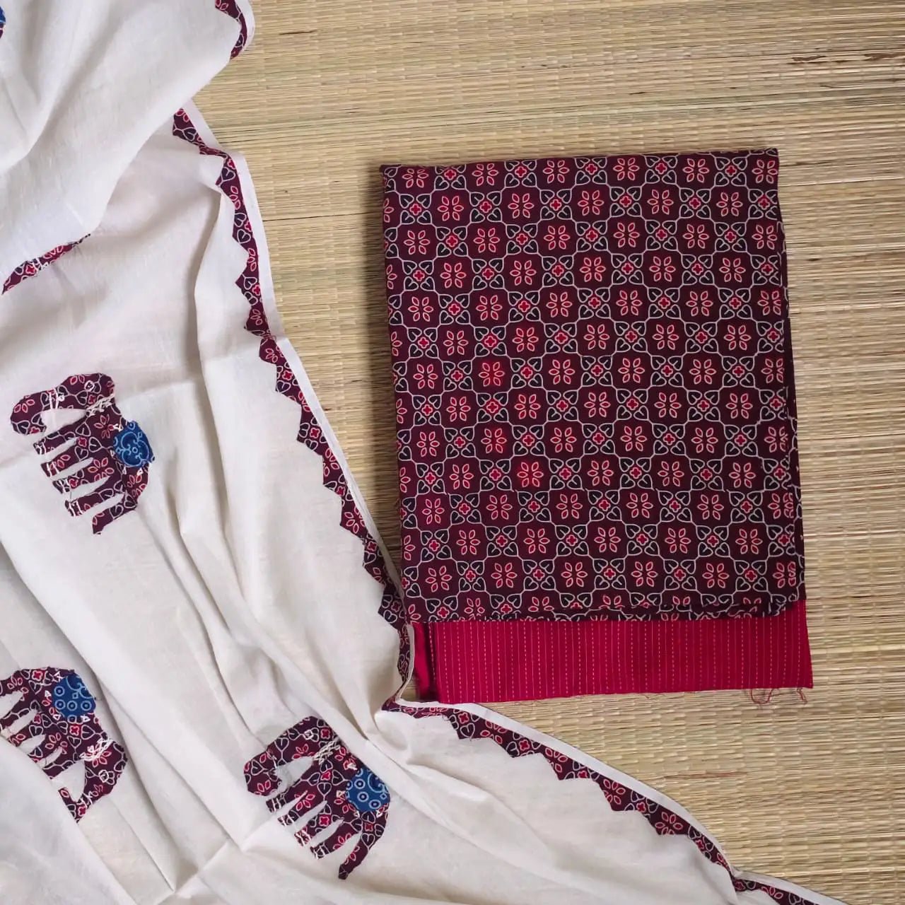 Deep Maroon Ajrakh Hand Block Print Cotton Suit Material with Barmer Applique Mul Dupatta | 3-Piece Unstitched Set - Kleemkaara