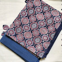 Deep Navy Blue Ajrakh Hand Block Print Cotton Suit Material with Barmer Applique Mul Dupatta | 3-Piece Unstitched Set - Kleemkaara