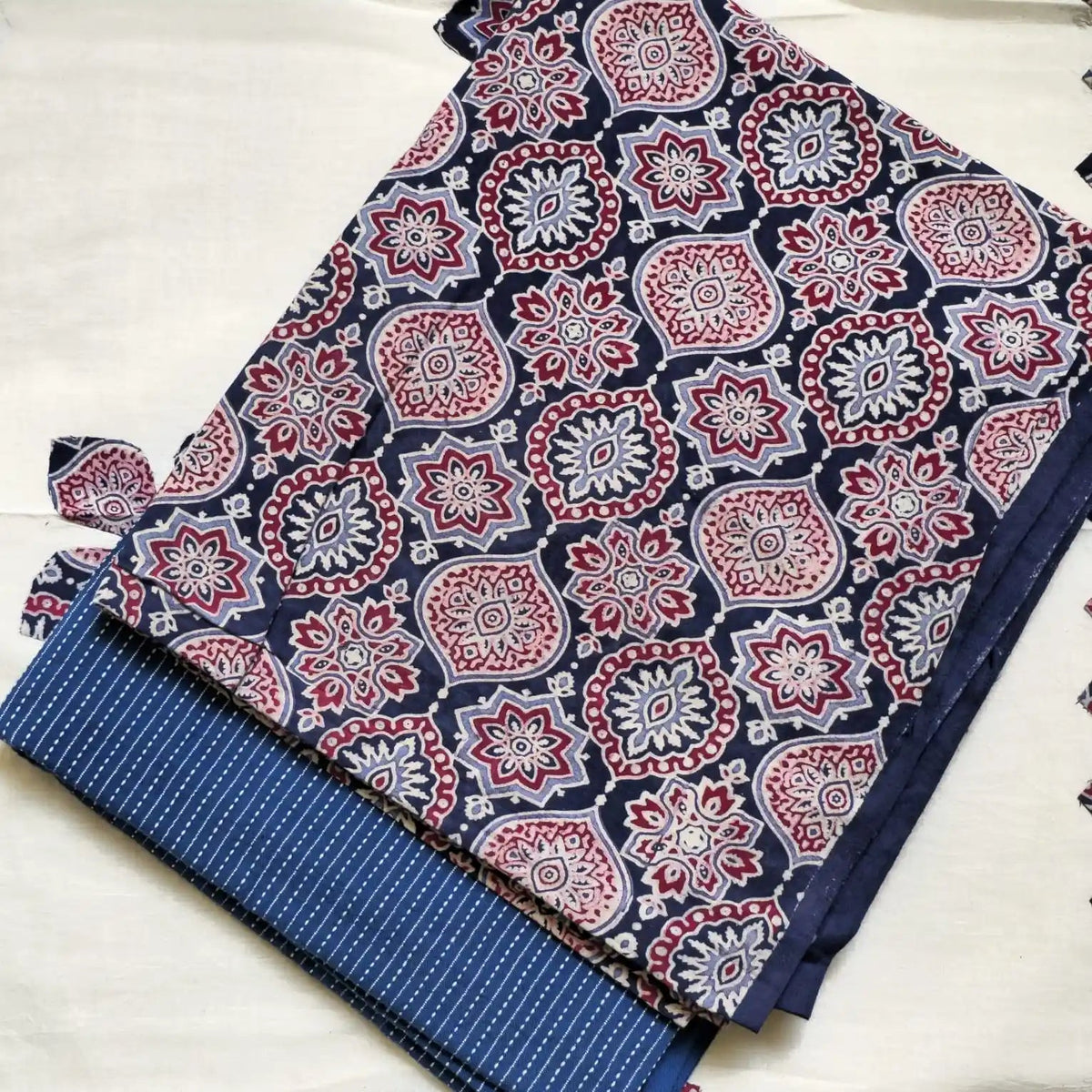 Deep Navy Blue Ajrakh Hand Block Print Cotton Suit Material with Barmer Applique Mul Dupatta | 3-Piece Unstitched Set - Kleemkaara