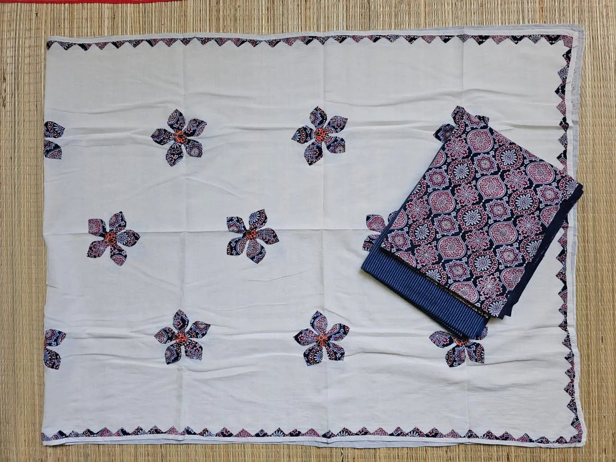 Deep Navy Blue Ajrakh Hand Block Print Cotton Suit Material with Barmer Applique Mul Dupatta | 3-Piece Unstitched Set - Kleemkaara