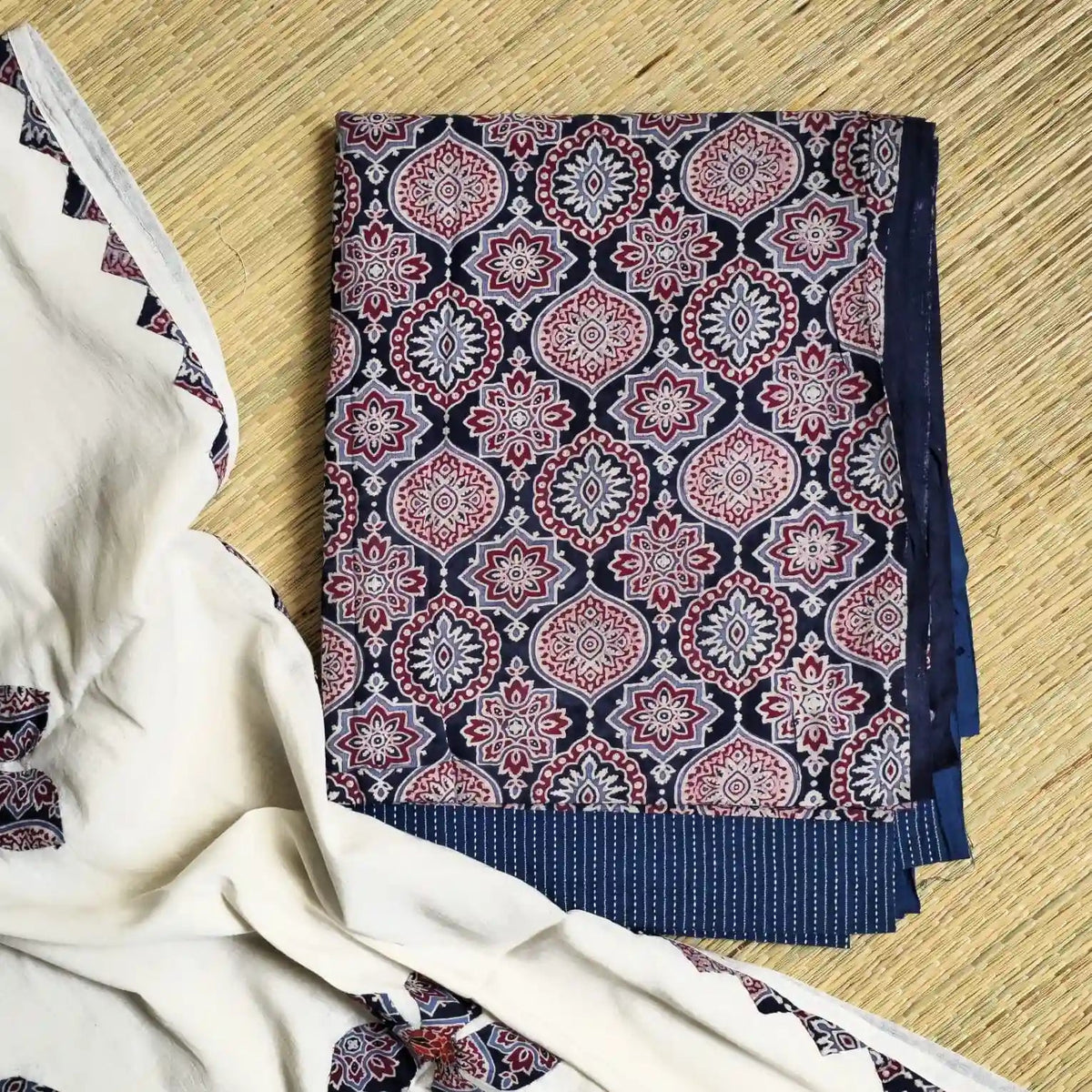 Deep Navy Blue Ajrakh Hand Block Print Cotton Suit Material with Barmer Applique Mul Dupatta | 3-Piece Unstitched Set - Kleemkaara