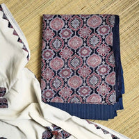 Deep Navy Blue Ajrakh Hand Block Print Cotton Suit Material with Barmer Applique Mul Dupatta | 3-Piece Unstitched Set - Kleemkaara