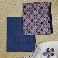 Deep Navy Blue Ajrakh Hand Block Print Cotton Suit Material with Barmer Applique Mul Dupatta | 3-Piece Unstitched Set - Kleemkaara