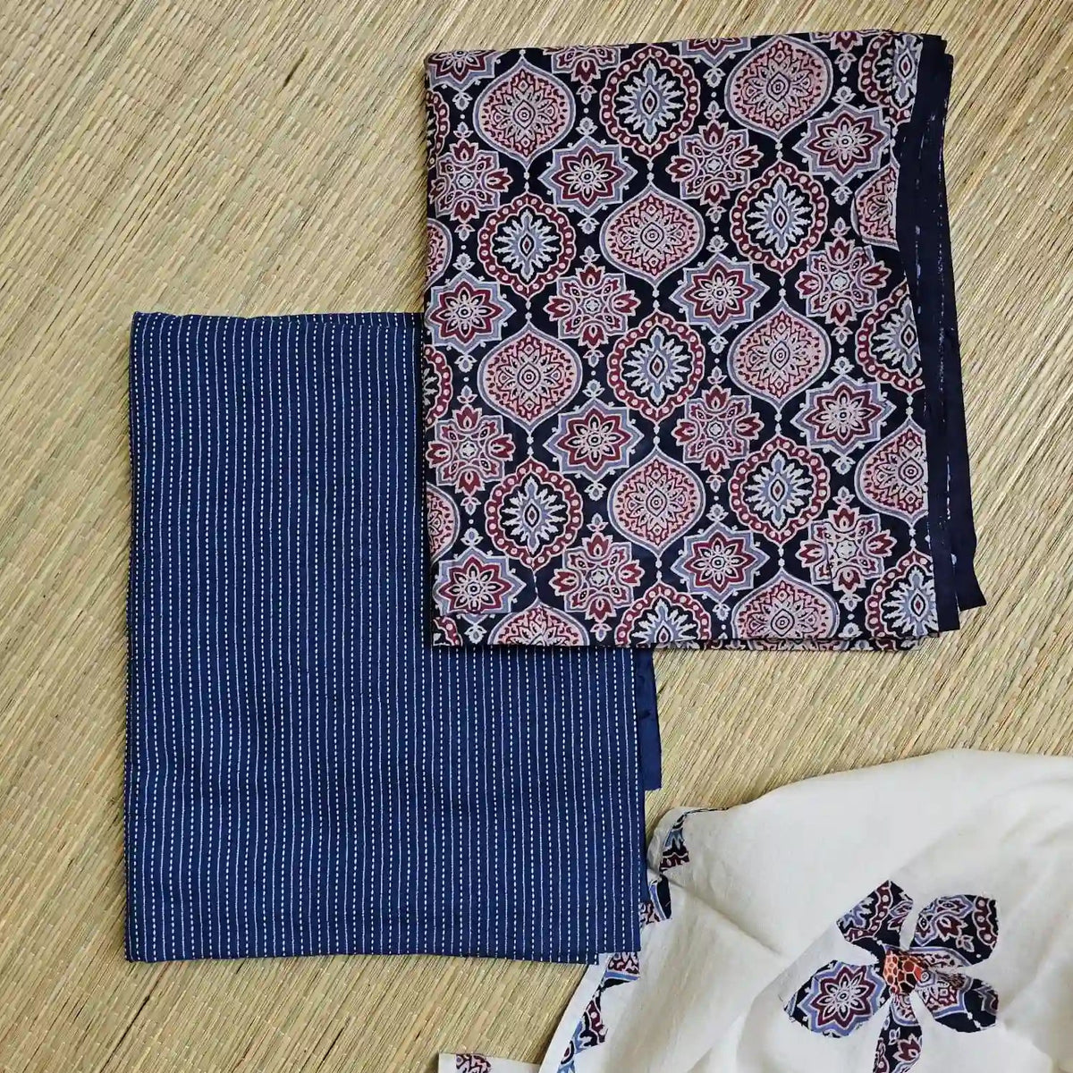 Deep Navy Blue Ajrakh Hand Block Print Cotton Suit Material with Barmer Applique Mul Dupatta | 3-Piece Unstitched Set - Kleemkaara