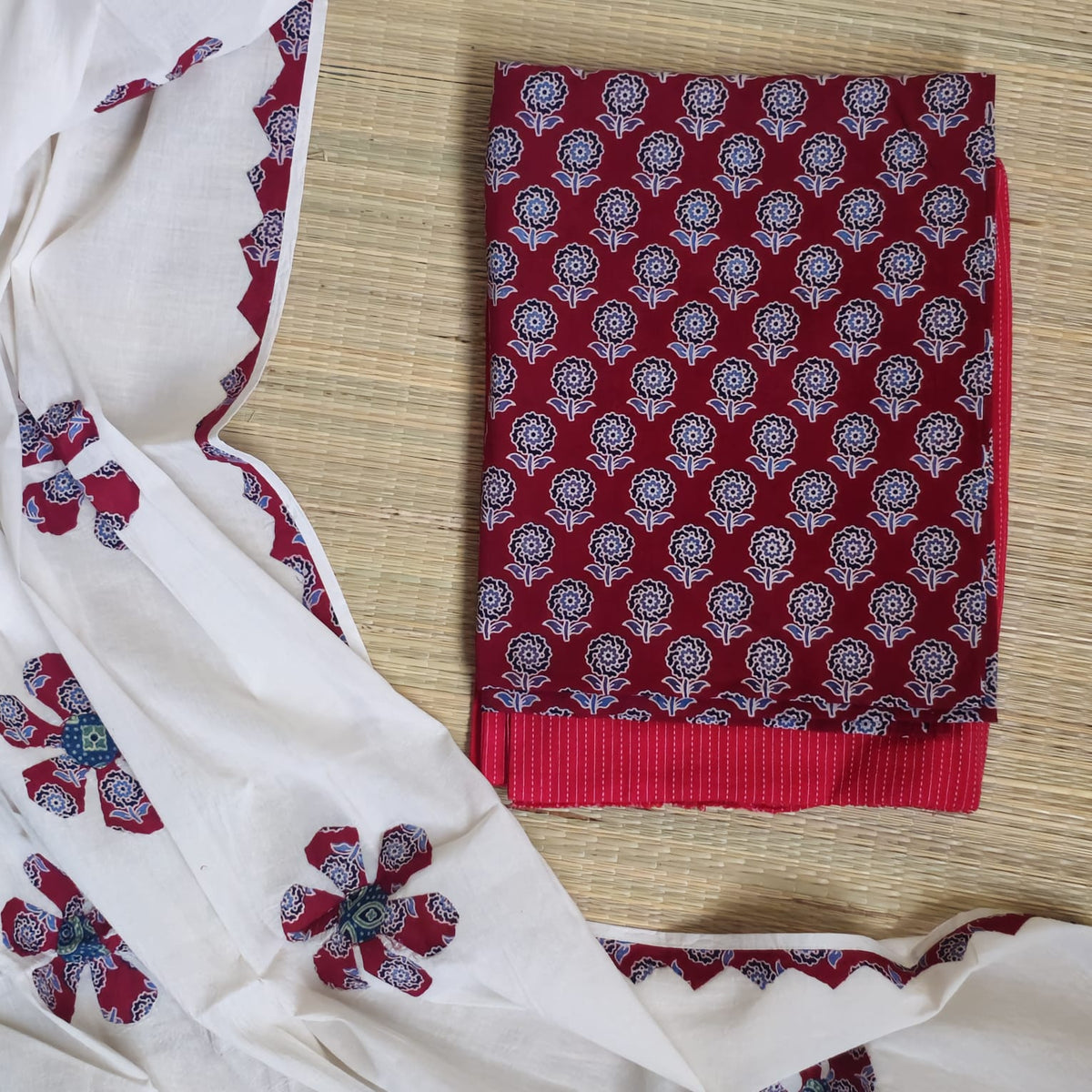 Deep Red Ajrakh Hand Block Print Cotton Suit Material with Barmer Applique Mul Dupatta | 3-Piece Unstitched Set - Kleemkaara