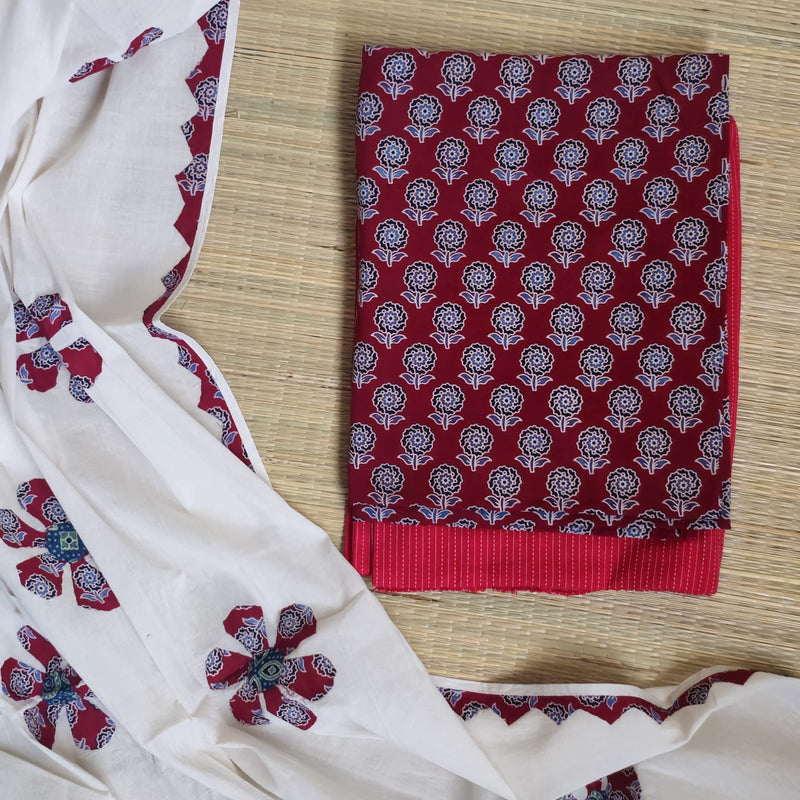 Deep Red Ajrakh Hand Block Print Cotton Suit Material with Barmer Applique Mul Dupatta | 3-Piece Unstitched Set - Kleemkaara