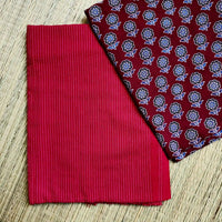 Deep Red Ajrakh Hand Block Print Cotton Suit Material with Barmer Applique Mul Dupatta | 3-Piece Unstitched Set - Kleemkaara