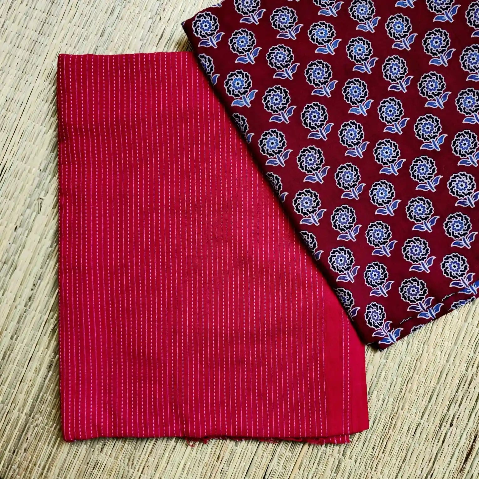 Deep Red Ajrakh Hand Block Print Cotton Suit Material with Barmer Applique Mul Dupatta | 3-Piece Unstitched Set - Kleemkaara
