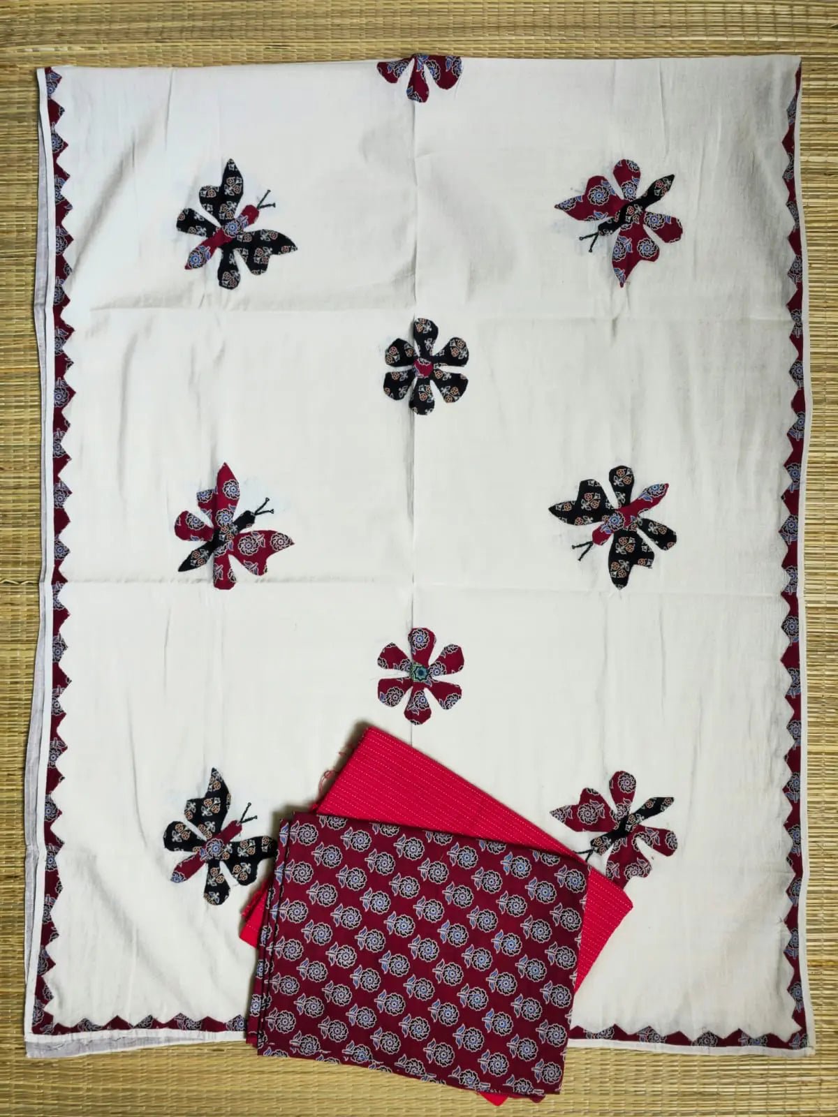 Deep Red Ajrakh Hand Block Print Cotton Suit Material with Barmer Applique Mul Dupatta | 3-Piece Unstitched Set - Kleemkaara