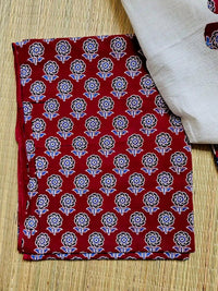 Deep Red Ajrakh Hand Block Print Cotton Suit Material with Barmer Applique Mul Dupatta | 3-Piece Unstitched Set - Kleemkaara