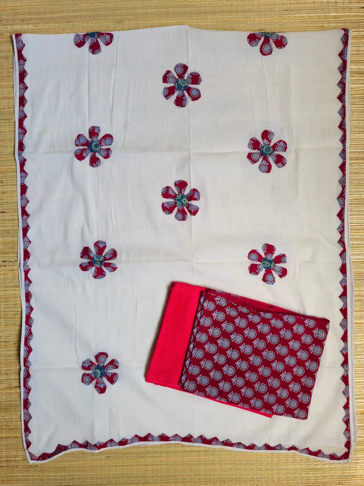 Deep Red Ajrakh Hand Block Print Cotton Suit Material with Barmer Applique Mul Dupatta | 3-Piece Unstitched Set - Kleemkaara