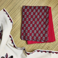 Deep Red Ajrakh Hand Block Print Cotton Suit Material with Barmer Applique Mul Dupatta | 3-Piece Unstitched Set - Kleemkaara