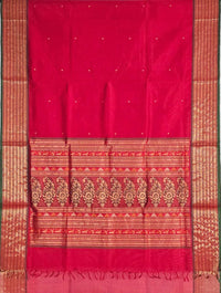 Deep Red Handloom Kanchi Silk Cotton Saree with Bomkai Pallu – Pure Handwoven Zari Temple Border Saree - Kleemkaara