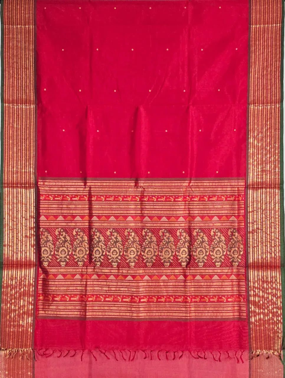 Deep Red Handloom Kanchi Silk Cotton Saree with Bomkai Pallu – Pure Handwoven Zari Temple Border Saree - Kleemkaara