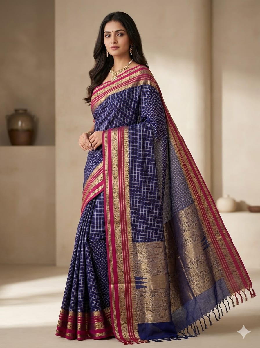 Deepika – Navy Blue Lakshadeepam Handloom Kanchi Cotton Saree with Magenta Zari Border - Kleemkaara